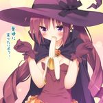  alternate_costume banana between_breasts blush bow breasts cape cleavage drill_hair food fruit gloves halloween hat hat_bow hazuki_watora jack-o'-lantern long_hair looking_at_viewer original peko purple_eyes red_hair sexually_suggestive small_breasts solo tears translated twin_drills twintails witch_hat 