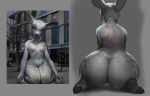 anthro big_butt blue_eyes breasts butt cloven_hooves deer don't_be_a_stranger_(sculpture) elemental_creature eyelashes female front_and_back front_view grey_background grey_body hooves huge_butt kneeling looking_at_viewer mammal mineral_fauna nipples nude outside photo_background photography_(artwork) ratatooey rear_view rock rock_creature sculpture simple_background small_breasts solo statue