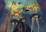  berserk blue_eyes bug butterfly cape cypherone hair_grab halloween hat hat_removed headwear_removed highres insect jack-o'-lantern lamppost long_hair multiple_girls necktie original panties pumpkin pumpkin_hat schierke school_uniform short_hair skirt thighhighs underwear witch_hat 