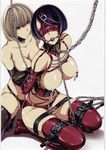  2girls aoki_yuriko areolae arms_behind_back bakuman ball_gag bare_shoulders bdsm blindfold blue_hair bondage boots bound breasts brown_eyes brown_hair chains collar dairiseki elbow_gloves feet female femdom gag gloves hakaba_(dairiseki) highres hips iwase_aiko kneeling large_breasts leash legs lingerie multiple_girls nipple_clamps nipples panties short_hair simple_background sitting slave smile thigh_boots thighhighs thighs underwear white_background yuri 