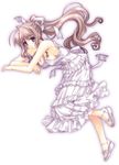  antenna_hair breasts brown_hair dress frills hair_ribbon kimizuka_aoi long_hair medium_breasts original ponytail purple_eyes ribbon sandals sideboob simple_background solo white_background white_dress 