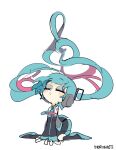  1girl aqua_eyes aqua_necktie arched_back artist_name bare_shoulders black_boots black_skirt black_sleeves blush_stickers boots chibi closed_eyes collared_shirt detached_sleeves eyeshadow floating_hair grey_eyeshadow grey_shirt hatsune_miku headphones headset long_hair makeup mori_no_ji multicolored_hair necktie number_tattoo pink_hair pleated_skirt puckered_lips shirt shoulder_tattoo signature sitting skirt tattoo thigh_boots treble_clef two-tone_hair very_long_hair vocaloid wariza 