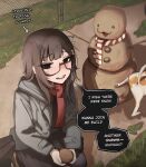  1girl absurdres animal arrow_(symbol) ball black-framed_eyewear black_eyes black_hair black_shirt coat commentary dog ear_piercing english_commentary english_text glasses grey_coat hair_ornament hairclip highres holding holding_ball hood hooded_coat long_sleeves looking_at_viewer medium_hair mikuneki mud open_mouth original parallel_hairclips piercing red_scarf riyo_kaede_(mikuneki) scarf sculpture semi-rimless_eyewear shirt smile solo speech_bubble striped_clothes striped_scarf talking under-rim_eyewear x_anus 