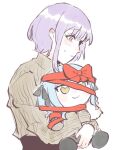  1girl bang_dream! bang_dream!_it's_mygo!!!!! brown_sweater character_doll closed_mouth commentary doll hugging_object hui_0w0 oblivionis_(bang_dream!) pink_eyes purple_hair red_ribbon ribbon short_hair simple_background sweatdrop sweater symbol-only_commentary togawa_sakiko white_background yuutenji_nyamu 