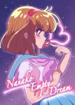  1girl blue_sailor_collar blue_skirt brown_eyes brown_hair commentary_request english_text food from_side fruit hairband hand_up heart highres looking_at_viewer looking_to_the_side medium_hair nanako_(nanako_sos) nanako_sos neckerchief nka_46 pink_neckerchief pleated_skirt red_hairband sailor_collar school_uniform serafuku shirt sideways_glance skirt sky solo star_(sky) starry_sky strawberry strawberry_kiss upper_body white_shirt 