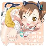  ;p animal_ears bare_shoulders blush brown_eyes butterfly_hair_ornament cat_ears cat_tail chousoku_henkei_gyrozetter ekakibito hair_ornament inaba_rinne long_hair looking_at_viewer one_eye_closed paw_pose shorts side_ponytail single_thighhigh smile solo striped striped_legwear tail thighhighs tongue tongue_out 