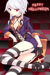  black_gloves braid breasts checkered checkered_floor choker cleavage cross garter_straps gloves halloween happy_halloween hiyosuke_(ak_love) izayoi_sakuya medium_breasts red_eyes short_hair smile solo striped striped_legwear thighhighs touhou twin_braids white_hair 