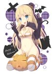  :d bikini blonde_hair blue_eyes blush bow breasts cape cleavage double_v fang halloween happy_halloween hat hat_bow jack-o'-lantern large_breasts long_hair looking_at_viewer mini_hat mini_top_hat navel open_mouth original samegami seiza shadow side-tie_bikini sitting skindentation smile solo striped striped_bikini striped_legwear swimsuit thighhighs top_hat untied v wardrobe_malfunction 