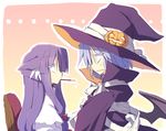  animal_ears bandages bat_wings blue_hair cat_ears chair commentary food food_themed_hair_ornament from_side hair_ornament halloween hat jack-o'-lantern kemonomimi_mode long_hair mouth_hold multiple_girls no_hat no_headwear patchouli_knowledge pocky pumpkin_hair_ornament purple_hair remilia_scarlet satou_kibi sitting sweatdrop touhou wings witch_hat 