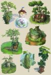  abandoned brown_background car collage commentary_request cucumber fish fishbowl flag grass highres house ladder lamp leaf motor_vehicle murakoyafactory no_humans original overgrown plant potted_plant simple_background tree treehouse 