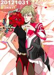  adapted_costume bad_id bad_pixiv_id barnaby_brooks_jr birthday blonde_hair bouquet dated flower glasses green_eyes jacket male_focus red_flower red_rose rose solo tiger_&amp;_bunny zakk zoom_layer 