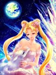  animal bare_shoulders bead_bracelet beads bishoujo_senshi_sailor_moon blonde_hair bracelet crescent_moon double_bun dress e-x-p-i-e earth eyeshadow facial_mark forehead_mark glitter hair_ornament highres jewelry long_hair makeup moon princess_serenity smile solo strapless strapless_dress tsukino_usagi 