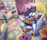 abdl absurd_res andromorph anthro arita_tian azazel_(helltaker) baby_cot cat_stockings cat_tail changing_table clothed clothing cross diaper domestic_cat easter easter_egg felid feline felis female feral halo helltaker hi_res holidays humiliation humor intersex inverted_cross mammal orange_eyes paddle purple_body rattle solo text wearing_diaper