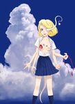  1girl blonde_hair blue_eyes breasts character_request cloud collarbone daemon devilman fangs looking_at_viewer navel open_clothes open_mouth open_shirt ribbon sayorisword school_uniform shirt sky smile solo tail 