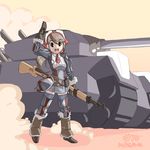  2012 alicia_melchiott armor bandana brown_eyes brown_hair dated dress faulds gloves ground_vehicle gun highres junkpuyo knee_pads leg_warmers long_hair military military_uniform military_vehicle motor_vehicle necktie open_mouth pauldrons rifle senjou_no_valkyria senjou_no_valkyria_1 short_dress solo tank thighhighs uniform waving weapon 