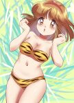  1girl :o animal_print bikini breasts brown_eyes brown_hair cleavage commentary_request cosplay cowboy_shot dutch_angle green_background hairband hands_up highres looking_at_viewer lum lum_(cosplay) medium_breasts medium_hair nanako_(nanako_sos) nanako_sos navel nka_46 open_mouth print_bikini red_hairband solo standing strapless strapless_bikini swimsuit thighs tiger_print urusei_yatsura 