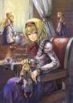  ;d alice_margatroid blonde_hair blue_eyes blush chair cup curtains doll hairband hand_on_another's_head highres holding kettle koruse looking_at_viewer one_eye_closed open_mouth saucer shanghai_doll sitting smile teacup tiered_tray touhou window 