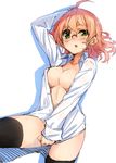  ahoge arm_up banned_artist black_legwear breasts cleavage copyright_request covering covering_crotch dress_shirt glasses green_eyes medium_breasts naked_shirt paseri pink_hair shirt shirt_tug short_hair sketch solo thighhighs 