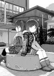  back-to-back black_legwear boots building cloud coat greyscale hands_in_pockets hands_on_lap highres jacket looking_at_viewer monochrome multiple_girls open_clothes open_jacket original plaid plaid_skirt rake rustle scarf short_hair sitting skirt sky smile thighhighs twintails union_jack 