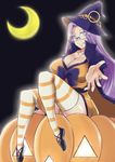  bow breasts cape cleavage costume crescent_moon fang fate/stay_night fate_(series) glasses halloween jack-o'-lantern large_breasts long_hair moon purple_eyes purple_hair rider smile solo striped striped_legwear thighhighs zanku 