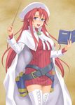  :d aty_(summon_night) belt blue_eyes blush book boots cape glasses hida_tatsuo highres holding holding_book long_hair open_book open_mouth red_hair smile solo summon_night summon_night_3 thigh_boots thighhighs white_legwear 