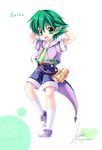  1boy byruu green_eyes green_hair looking_at_viewer my_little_pony my_little_pony_friendship_is_magic paper_roll personification sakurano_tsuyu shorts socks spike_(my_little_pony) tail 