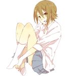  alternate_hairstyle brown_hair dress_shirt hair_down k-on! karuha legs_folded lowres no_shoes sakuragaoka_high_school_uniform school_uniform shirt skirt sleeves_rolled_up socks solo tainaka_ritsu white_legwear 