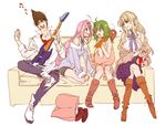  3girls bad_id bad_pixiv_id bare_shoulders blonde_hair boots braid brown_hair closed_eyes couch crossover electric_guitar glasses green_hair guitar guvava hattori_masahiko heart instrument kneeling macross macross_7 macross_frontier multiple_girls mylene_jenius nekki_basara pink_hair ranka_lee sheryl_nome sitting 