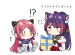  !? 2girls animal_ears assault_lily bare_shoulders bell black_choker blue_bow blue_sailor_collar blush bow box breasts cat_ears chibi choker christmas christmas_present cropped_torso detached_sleeves funada_kiito fur-trimmed_gloves fur-trimmed_shirt fur_trim gift gift_box gloves green_bow green_eyes hair_bow hair_ornament hairpods halter_shirt halterneck hands_up heterochromia high_ponytail holding holding_gift jingle_bell kemonomimi_mode layered_sleeves looking_at_another looking_at_object looking_down medium_breasts mistletoe mole mole_under_eye multiple_girls neck_bell neckerchief nigari_(ngari_0115) no_mouth o-ring o-ring_choker odaiba_girls_high_school_uniform official_alternate_costume official_alternate_hairstyle pom_pom_(clothes) pom_pom_hair_ornament ponytail purple_neckerchief red_bow red_eyes red_gloves red_hair red_shirt sailor_collar santa_costume school_uniform serafuku shiba_tomoshibi shirt simple_background sleeves_past_wrists sweatdrop translated two-tone_shirt upper_body v-shaped_eyebrows white_background white_shirt 