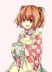  apron bell book checkered clothes_writing deetamu hair_bell hair_bobbles hair_ornament highres holding looking_at_viewer motoori_kosuzu open_mouth red_eyes red_hair smile solo touhou two_side_up 