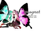  aqua_eyes bad_id bad_pixiv_id black_legwear butterfly_wings character_name fingerless_gloves gloves hat hatsune_miku headphones highres hosizorada imminent_kiss long_hair magnet_(vocaloid) megurine_luka mini_hat mini_top_hat multiple_girls pantyhose pink_hair platform_footwear sitting striped striped_legwear thighhighs top_hat very_long_hair vocaloid wariza wings yuri 