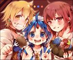 2boys :t ahoge aladdin_(magi) ali_baba_saluja blonde_hair blue_eyes blue_hair blush border collarbone earrings eating fish_head food food_on_face fork gem heart holding holding_fork jewelry looking_at_viewer magi_the_labyrinth_of_magic morgiana multiple_boys octopus one_side_up open_mouth outline pinko_(inazume-panko) red_eyes turban v x_x yellow_eyes 