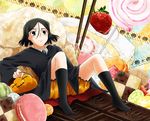  a_k_1 androgynous black_hair bloomers cake checkerboard_cookie cookie fate/zero fate_(series) food fruit green_eyes halloween jack-o'-lantern macaron male_focus necktie pocky pumpkin solo strawberry strawberry_shortcake sweets underwear waver_velvet witch 