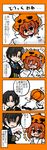  1boy 1girl 4koma ^_^ bag blush cattail closed_eyes comic costume dress_shirt embarrassed eyebrows fang hat highres jack-o'-lantern laughing musical_note necktie oono_mayu open_mouth outstretched_arms pixiv_azriel plant red_eyes red_hair shirt smile tears tickling translation_request yanagi_(nurikoboshi) 