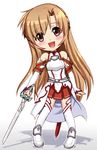  asuna_(sao) breastplate brown_eyes brown_hair chibi detached_sleeves harukigenia long_hair sword sword_art_online thighhighs weapon white_legwear 