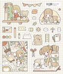  5girls backpack bag blonde_hair blunt_bangs blush_stickers book bookshelf bow braid brown_bow brown_eyes brown_shoes brown_skirt bunting candy center-flap_bangs checkered_background chibi chibi_only closed_eyes closed_mouth cloud coffee coffee_mug collared_shirt crayon cup curly_hair daisy_(flower) diary doily dot_mouth dress english_text eraser expressionless flower food hair_bow hair_ornament hairclip hand_on_own_cheek hand_on_own_face hand_on_own_stomach highres hinnya72 holding holding_pencil jacket korean_text lace letter long_hair looking_at_another looking_to_the_side low_twin_braids lying marker mechanical_pencil medium_hair mini_person minigirl mug multiple_girls on_back on_shelf open_book open_clothes open_jacket original outline own_hands_together pastel_colors pencil pencil_case peter_pan_collar plaid_clothes plaid_skirt pushpin raised_inner_eyebrows red_bow red_flower red_jacket ribbon scissors shirt shoes sitting skirt sleeping snowman solid_oval_eyes sticker stuffed_animal stuffed_dog stuffed_rabbit stuffed_toy sun tape teddy_bear translation_request twin_braids twintails umbrella very_long_hair white_dress white_flower white_outline white_shirt writing 