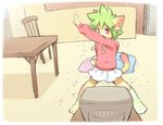  chair clothing door ears_up feline female fighting_stance fur green_hair hair hands hoodie looking_away mammal multicolor_fur open_mouth pillow pink_clothing pose powfooo raised_tail red_eyes room shedding skirt socks sweater table television two_tone_fur 