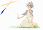  ahoge barefoot dress feathers flat_chest flax_chestnut ico seiza silver_eyes silver_hair sitting solo white_dress yorda 