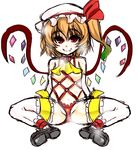  alternate_costume ascot bare_shoulders blonde_hair borrowed_design flandre_scarlet full_body hat hat_ribbon mabuchoco_m red_eyes ribbon shoes short_hair side_ponytail sitting sketch smile solo spread_legs sweat thighhighs touhou white_background white_legwear wings 