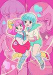  4girls belt blue_eyes blue_hair blue_shorts blue_vest boots bow bow_hairband commentary_request creamy_mami green_eyes hairband heart helmet highres holding_hands interlocked_fingers long_hair looking_at_viewer loose_socks mahou_no_princess_minky_momo mahou_no_tenshi_creamy_mami mary_janes medium_hair minky_momo morisawa_yuu multiple_girls nka_46 open_mouth pink_background pink_hair projected_inset red_shoes red_skirt shirt shoes short_hair short_shorts shorts skirt smile socks vest white_shirt yellow_boots yellow_bow yellow_hairband yellow_socks 
