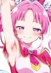  1girl aachan_(aacyanchi) armpit_focus armpits bow brooch closed_mouth cure_mystic dot_nose earrings hair_bow hair_intakes half-closed_eyes heart heart_brooch highres jewelry kobayashi_mikuru long_hair looking_at_viewer magical_girl meitantei_precure! parted_bangs pink_bow pink_hair precure presenting_armpit purple_eyes simple_background smile solo steaming_body sweat twintails twitter_username upper_body white_background 