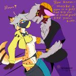 1:1 absurd_res anthro apheront big_dom_small_sub blush bovid canid canine caprine cheetah clothed clothing clothing_pull dialogue dirty_talk dominant duo english_text felid feline female fox frontal_wedgie hi_res hybrid male male/female mammal mask nipple_fetish nipple_pinch nipple_play nipples no_bra pinch raised_clothing raised_topwear rami_(apheront) rayza_alvares_(nyxthechee) sheep size_difference species_play speciesism text topwear topwear_up underwear underwear_pull wearing_mask wedgie
