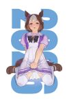  1girl 2026 absurdres animal_ears black_bow black_bowtie blush bow bowtie brown_hair brown_shoes commentary_request hallll highres horse_ears horse_girl horse_tail horseshoe_ornament loafers looking_at_viewer multicolored_hair open_mouth pleated_skirt puffy_short_sleeves puffy_sleeves purple_eyes purple_shirt sailor_collar sailor_shirt school_uniform shirt shoes short_hair short_sleeves simple_background sitting skirt skirt_hold solo special_week_(umamusume) streaked_hair tail thighhighs tracen_school_uniform umamusume wariza white_background white_hair white_sailor_collar white_skirt white_streaks white_thighhighs 