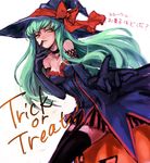  bow breasts c.c. c_(rahit) choker code_geass costume elbow_gloves garter_straps gloves green_hair halloween hat jack-o'-lantern long_hair medium_breasts skirt solo thighhighs translated trick_or_treat witch witch_hat yellow_eyes 