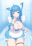  1girl ahoge animal_ear_fluff animal_ears apron blue_eyes blue_hair breasts cleavage cleavage_cutout clothing_cutout commentary dog_ears dog_girl highres large_breasts looking_at_viewer maid maid_apron maid_headdress nanashi_inc. nishino_eri short_sleeves sitting solo souya_ichika symbol-only_commentary thigh_strap virtual_youtuber white_apron 