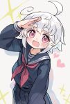  1girl :d ahoge arm_up black_sailor_collar black_serafuku black_shirt black_skirt blush commentary_request cowboy_shot crossed_bangs dot_nose heart highres kibisake long_sleeves looking_at_viewer neckerchief open_mouth original pink_eyes pleated_skirt red_neckerchief romaji_commentary sailor_collar school_uniform serafuku shirt short_hair simple_background skirt smile solo sparkle thick_eyebrows white_background white_hair 