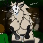 absurd_res american_mythology anthro big_breasts black_nipples bodily_fluids bone breasts breeding_request dialogue dripping dripping_vulva dripping_wet drooling duo female forest forest_background fur genital_fluids glowing glowing_eyes grey_body grey_fur hair heart_eyes heart_symbol hi_res human in_heat indigenous_north_american_mythology larger_female long_hair love male male/female mammal mythology nature nature_background nipples north_american_mythology nude plant reena_dreamer saliva saliva_drip size_difference skull skull_head slightly_chubby smaller_male steam steamy_breath tail tail_motion tailwag thick_thighs tree vaginal_fluids wendigo white_body white_eyes white_hair