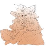  2girls apron ascot bow braid closed_mouth commentary detached_sleeves english_commentary frilled_bow frilled_hair_tubes frills hair_bow hair_tubes hakurei_reimu hat hat_bow highres kirisame_marisa kouyicha leaning_on_person long_hair monochrome multiple_girls orange_theme side_braid simple_background single_braid sitting sketch sleeping sleeping_on_person smile touhou vest white_background witch_hat yuri 