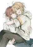  2boys arms_around_neck black_pants blue_pants blush buttons chinese_commentary commentary_request curtained_hair embarrassed ensemble_stars! fangs green_eyes hair_between_eyes hand_on_another's_back hand_on_another's_leg highres hood hood_down hoodie hug jacket looking_at_viewer male_focus multiple_boys on_lap open_mouth orange_hair pants purple_eyes red_hair shirt short-sleeved_jacket short_hair short_sleeves simple_background spoken_star star_(symbol) suou_tsukasa tsukinaga_leo v white_background white_hoodie white_shirt woshiningmengjing913 yaoi 
