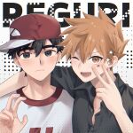  2boys absurdres arm_around_shoulder arm_up baseball_cap black_shirt blue_oak brown_eyes closed_mouth collared_shirt commentary_request crew_neck double-parted_bangs frown hair_between_eyes hat highres looking_at_viewer male_focus multiple_boys open_mouth partially_open_shirt pk_rgr96 pokemon pokemon_sm red_(pokemon) red_hat romaji_text shirt short_hair short_sleeves sideways_hat spiked_hair t-shirt teeth v wing_collar 